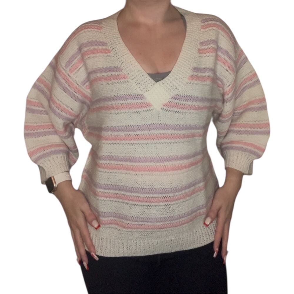 Pastel Striped Knit Sweater Balloon Sleeves Cozy Cottagecore Grandmacore Sz L-XL